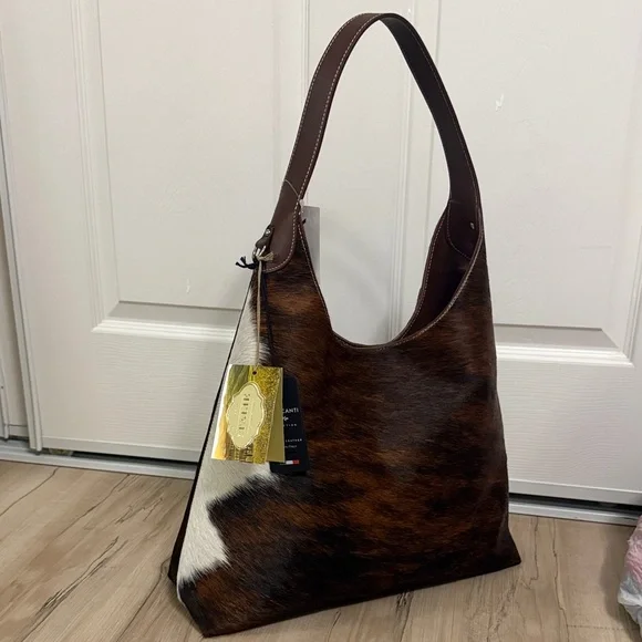 Elegant Brown and White Shoulder Bag. Made in Italy real leather - Picture 1 of 5